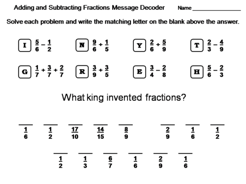Adding and Subtracting Fractions Worksheet: Math Message Decoder
