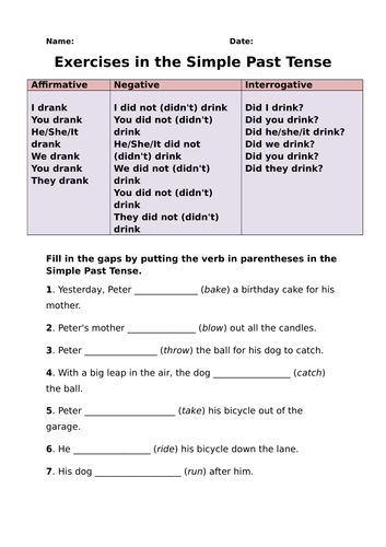 Exercise In The Simple Past Tense Teaching Resources