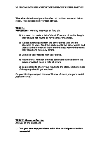 New GCSE Psychology - MURDOCK study ( serial position curve) | Teaching ...