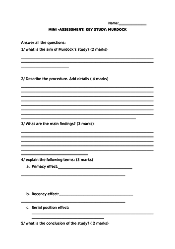 New GCSE Psychology - MURDOCK study ( serial position curve) | Teaching ...