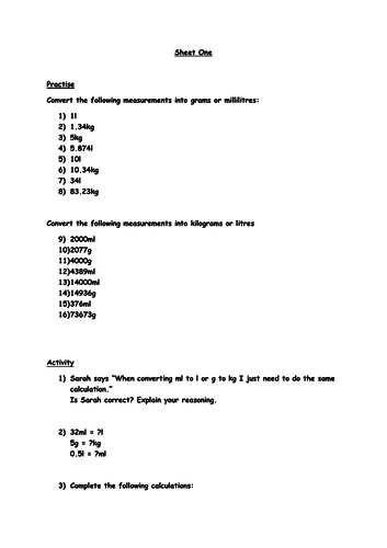 Converting Mass and Volume Lesson - ml to l and g to kg