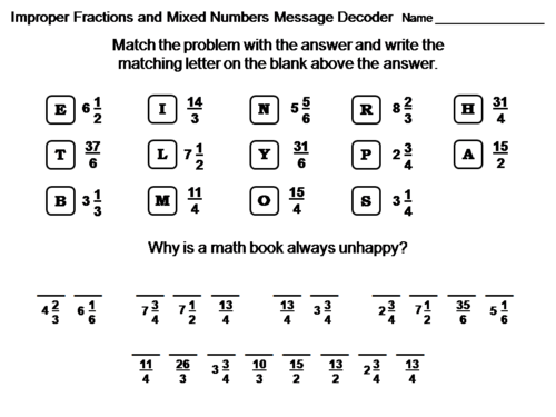Improper Fractions and Mixed Numbers Activity: Math Message Decoder