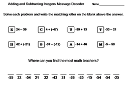 Adding and Subtracting Integers Activity: Math Message Decoder ...