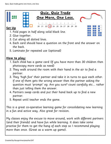 Quiz, Quiz, Trade Cooperative Learning activity based on finding one more and one less (up to 50)