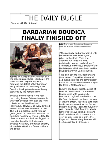 Newspaper Article Writing Boudica Teaching Resources