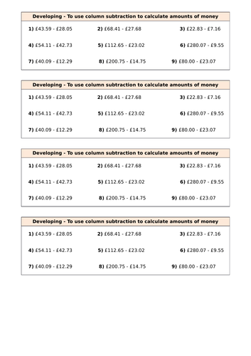 ordering and calculating with money year 4 teaching resources