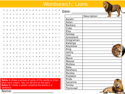 lions keywords wordsearch settler starter puzzle lesson cats sheet animals