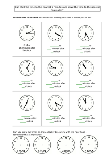 telling time to 5 minutes worksheet year 2 analogue teaching resources