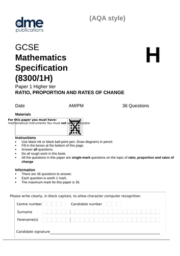 AQA GCSE Maths (9-1) - Single Mark Questions - Ratio, Proportion and Rates of Change Paper 1H