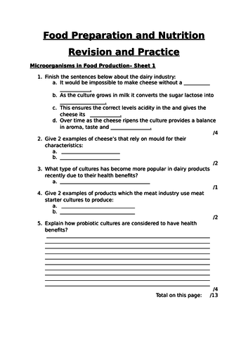 Microorganisms in food production Revision Worksheet FPN AQA