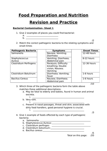 Bacterial Contamination Revision Worksheet FPN AQA