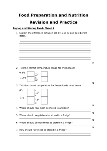 Buying and Storing Food Revision Worksheet FPN AQA