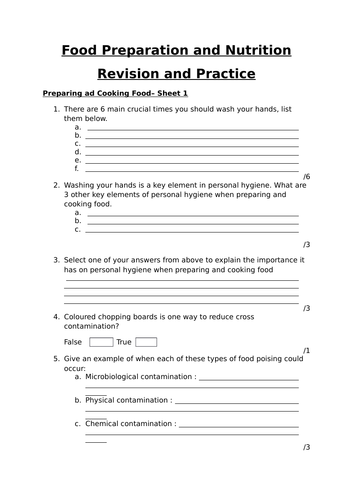 Preparing and Cooking Food Revision Worksheet FPN AQA