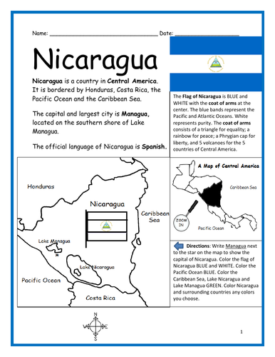 Nicaragua Printable Handout With Map And Flag Teaching Resources