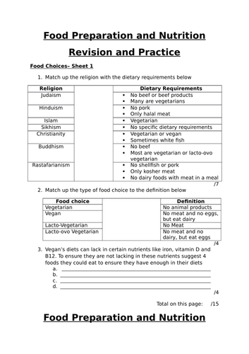 Food Choices Revision Worksheets FPN AQA