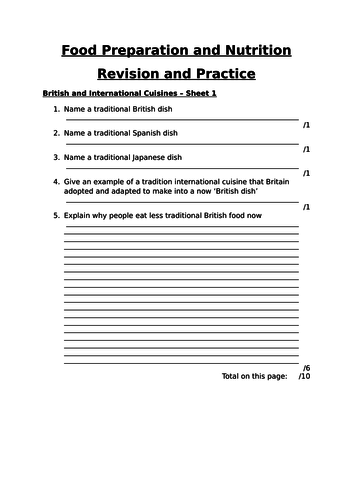 British and International Cusine Revision Worksheets FPN AQA