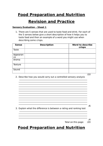 Sensory Evaluation Revision Worksheets FPN AQA