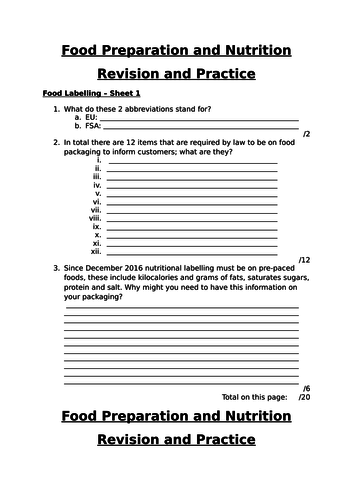 Food Labelling Revision Worksheets FPN AQA
