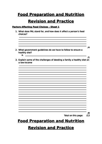 Factors Affecting Food Choices Revision Worksheets FPN AQA