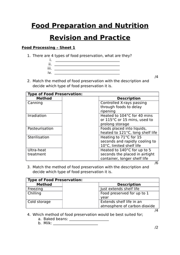 Food Processing Revision Worksheet FPN AQA