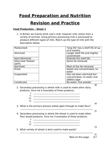 Food Production Revision Worksheet FPN AQA