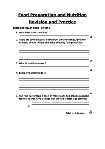 Sustainability of Food Revision Worksheet FPN AQA