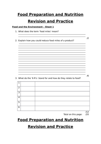 Food and the Environment Revision Worksheet FPN AQA