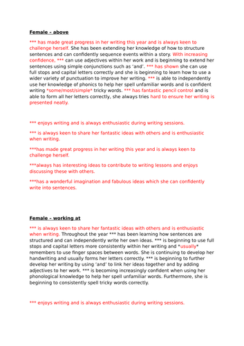 report writing comments year 1