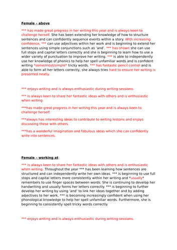 report writing reading comments ks2