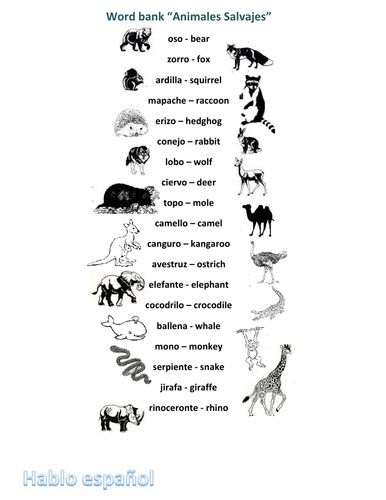 Spanish Spelling Wild animals Animales Salvajes Crossword 20 words  Worksheet | Teaching Resources