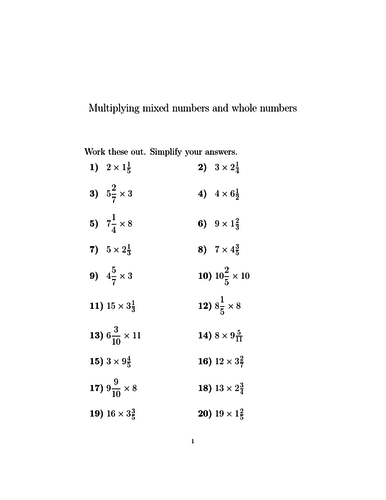 Multiplying mixed numbers and whole numbers worksheet (with solutions