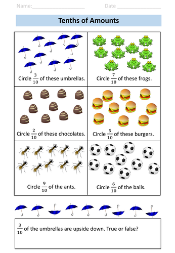 fractions year 3 tenths worksheets teaching resources