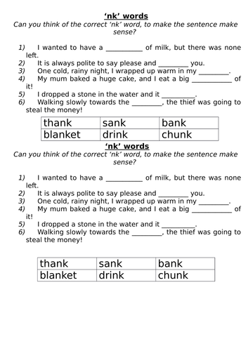 'nk' words - Cloze Procedure | Teaching Resources