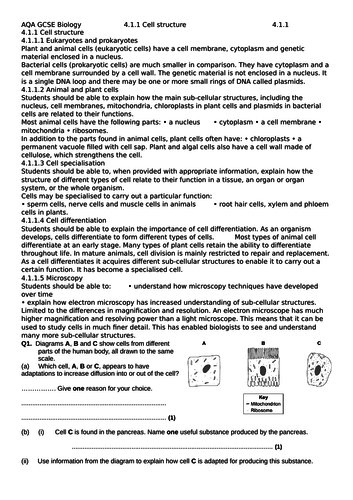 AQA GCSE Combined Trilogy/Biology Cell Biology 4.1 Revision | Teaching ...