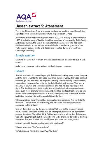 AQA Unseen A Level Prose Atonement | Teaching Resources