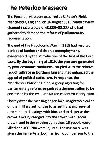 The Peterloo Massacre Handout | Teaching Resources