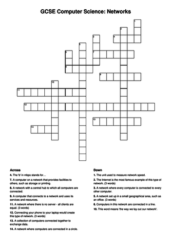 Gcse Computer Science Crossword Networks Teaching Resources