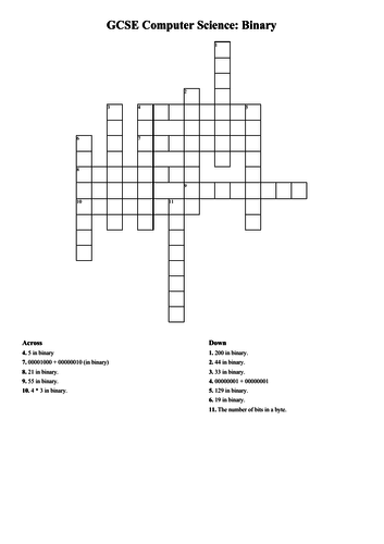 GCSE Computer Science crossword: Binary Teaching Resources