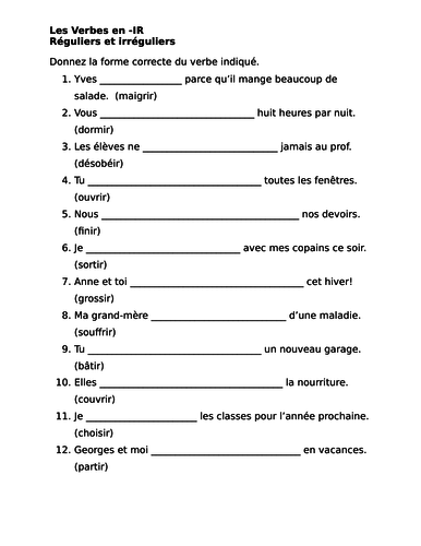 IR Verbs In French Verbes IR Regular And Irregular Worksheet Teaching 