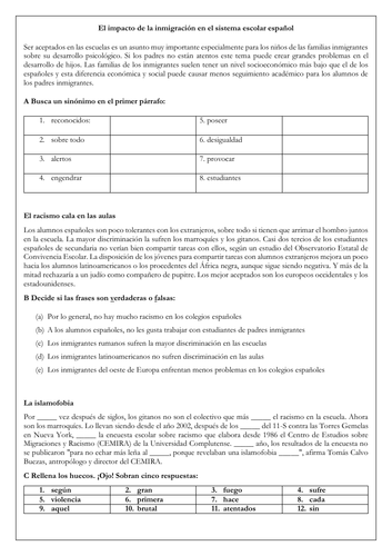 Spanish Immigration: inmigración y el sistema escolar español / integration in schools A Level