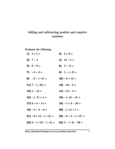 Adding And Subtracting Positive And Negative Numbers Worksheet With