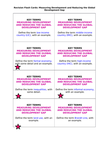 AQA GCSE Geography (2016) Measuring Dev. & Reducing the Dev. Gap revision flashcards