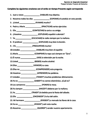 Present Tense Spanish Practice Worksheets