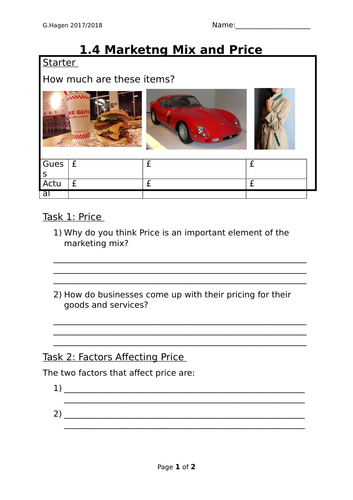 9-1 New Edexcel GCSE Business 1.4 Marketing Mix Price Lesson | Teaching ...