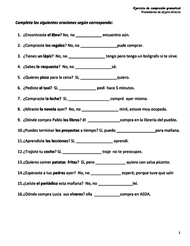 Spanish Direct Object Pronouns Worksheet With 50 Gap Filling Exercises 