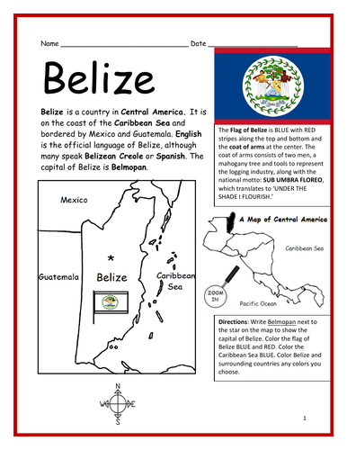 Belize Printable Handout With Map And Flag Teaching Resources