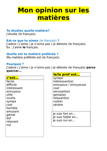 Tu étudies quelles matières? Reading, writing, speaking exercises