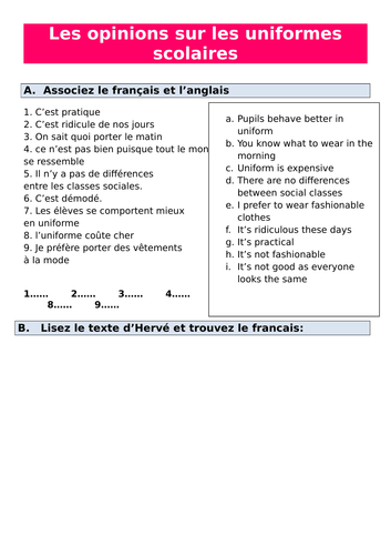 L'uniforme en France - reading, speaking/writing