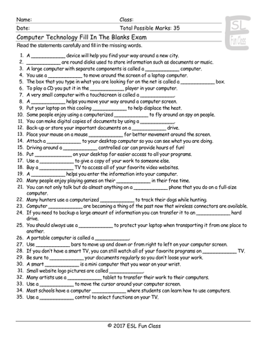 Computer Technology Fill In The Blanks Exam | Teaching Resources