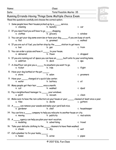 Running Errands-Having Things Done Multiple Choice Exam | Teaching ...